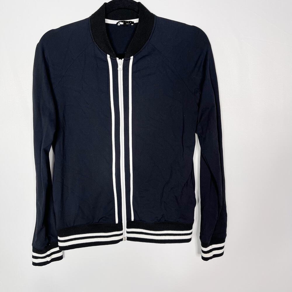 Theory Womens Small S Black Knit Bomber Jacket Full Zip Ribbed Stripe Detail